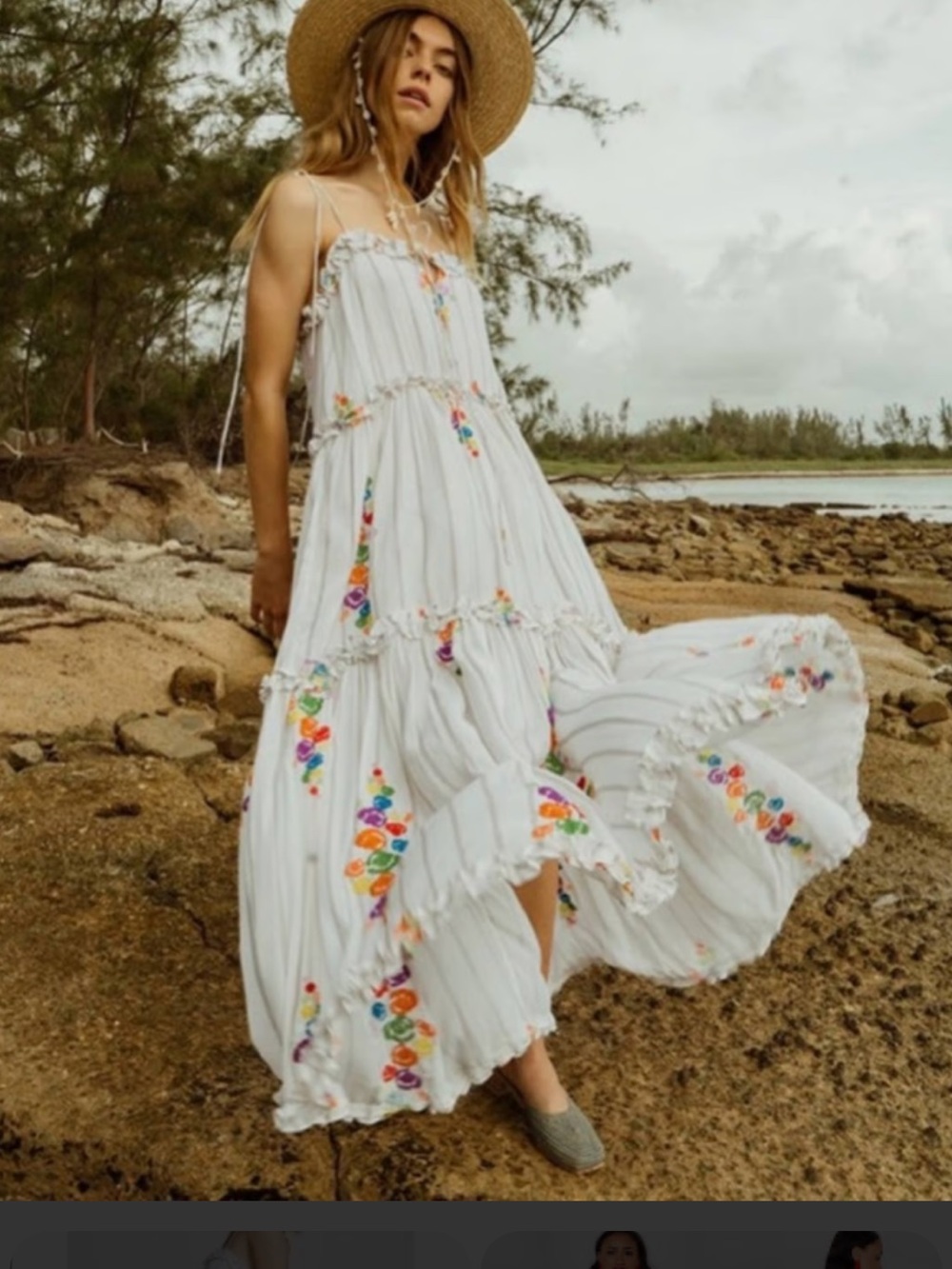 White Floral-Tiered Spaghetti-Strap Maxi Dress